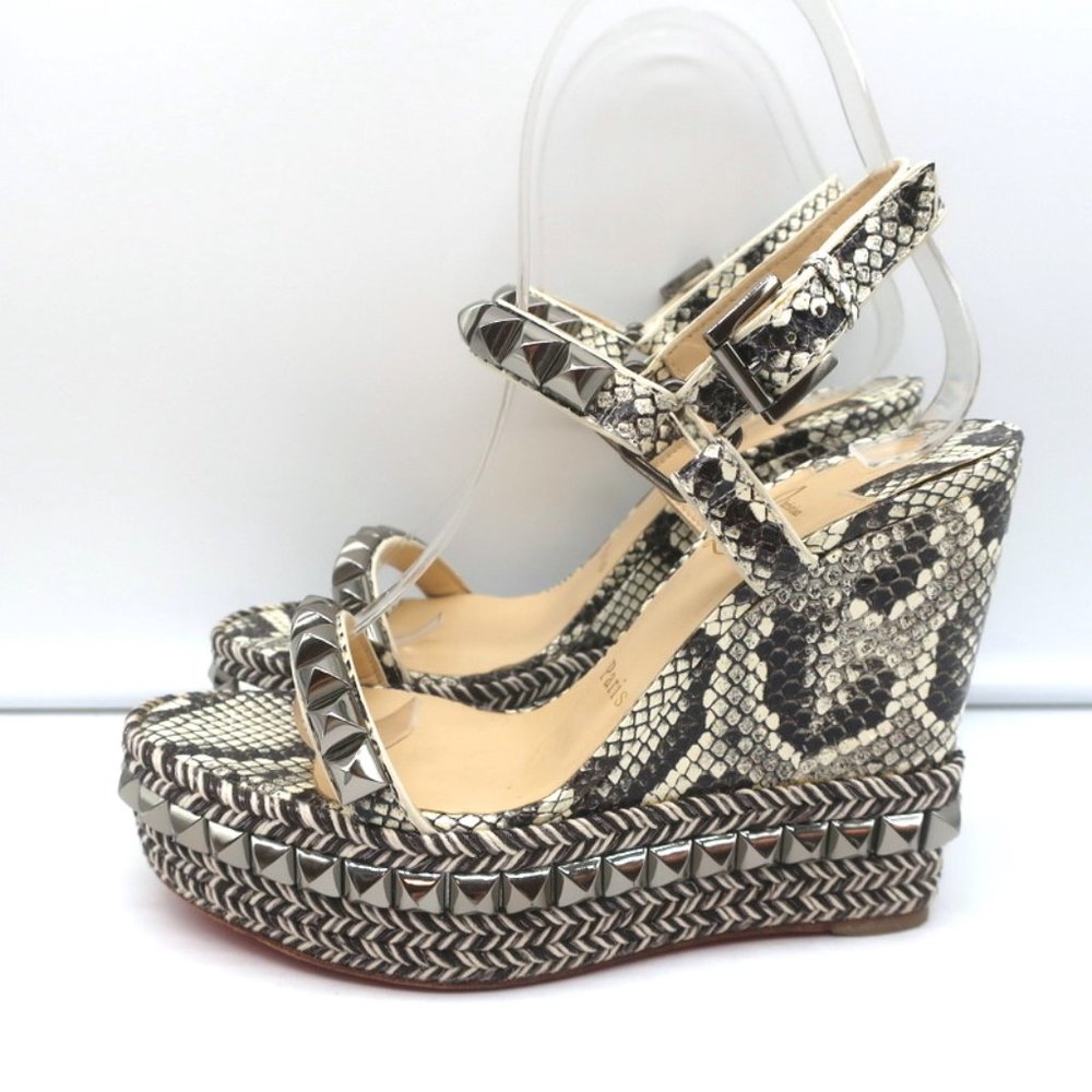 CHRISTIAN LOUBOUTIN CATACLOU STUDDED SNAKE PRINT ESPADRILLE WEDGES SIZE 37 - Picture 6 of 11
